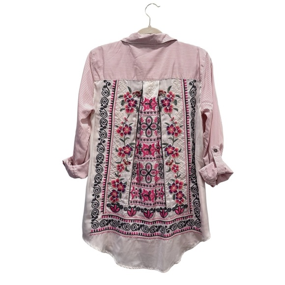 John Mark Tops - John Mark Stripe Embroidered Button Down Long Sleeve Shirt Floral Pink Size M